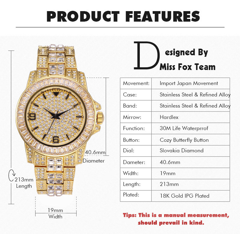 Stainless steel waterproof full diamond watch - Krystle Treasures