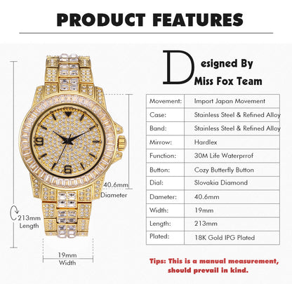 Stainless steel waterproof full diamond watch - Krystle Treasures