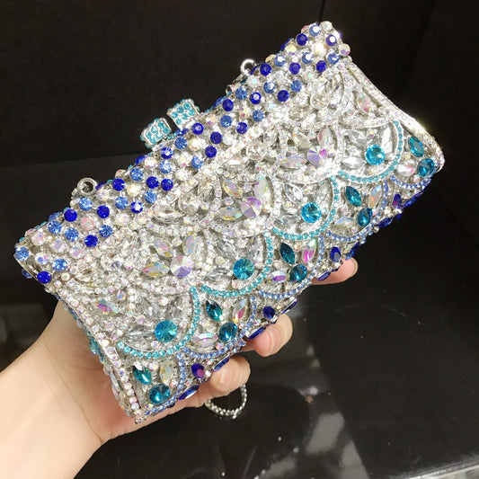 Fish Scale Blue And White Porcelain Diamond Metal Evening Bag With Diamonds - Krystle Treasures